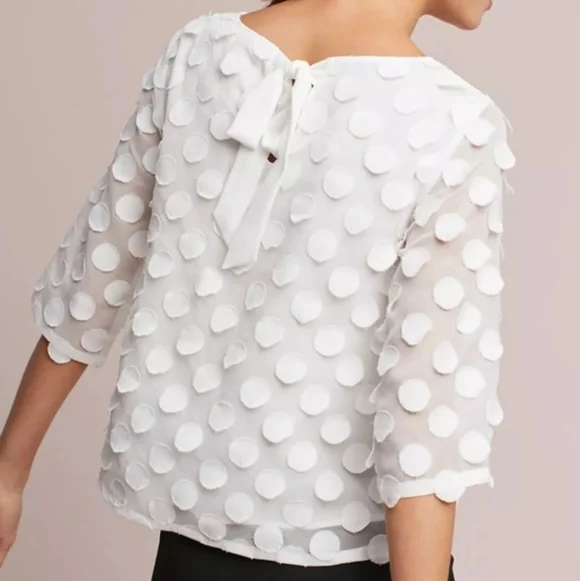 Anthropologie Dottie White Polka-dot Mid Sleeve Top Size 4 - Picture 3 of 7